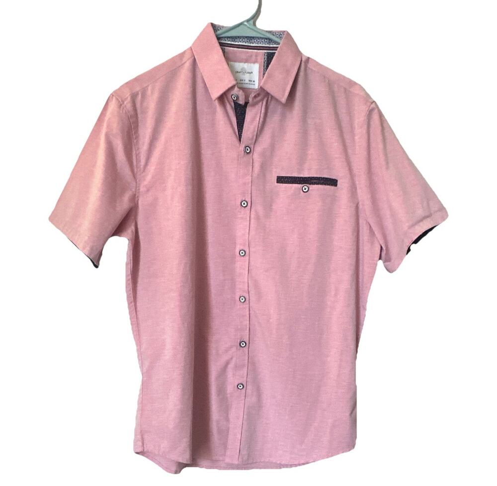 CRAFT + FLOW Men's S Pink Solid Woven Cotton Short Sleeve Button-Up Pockets